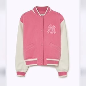 MLB Korea Wool Sleeve Coloration Crop Varsity Jacket NY Yankees Pink size M